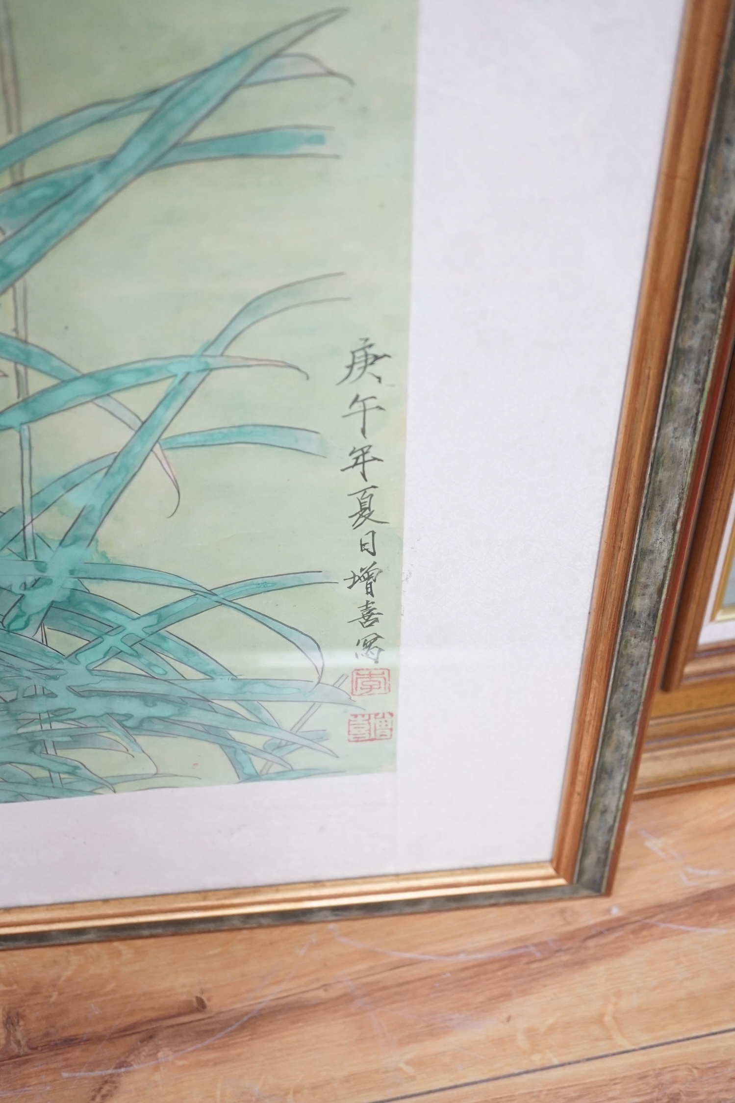 Japanese or Chinese School, watercolour, Two quails amongst reeds, 64 x 63cm. Condition - fair